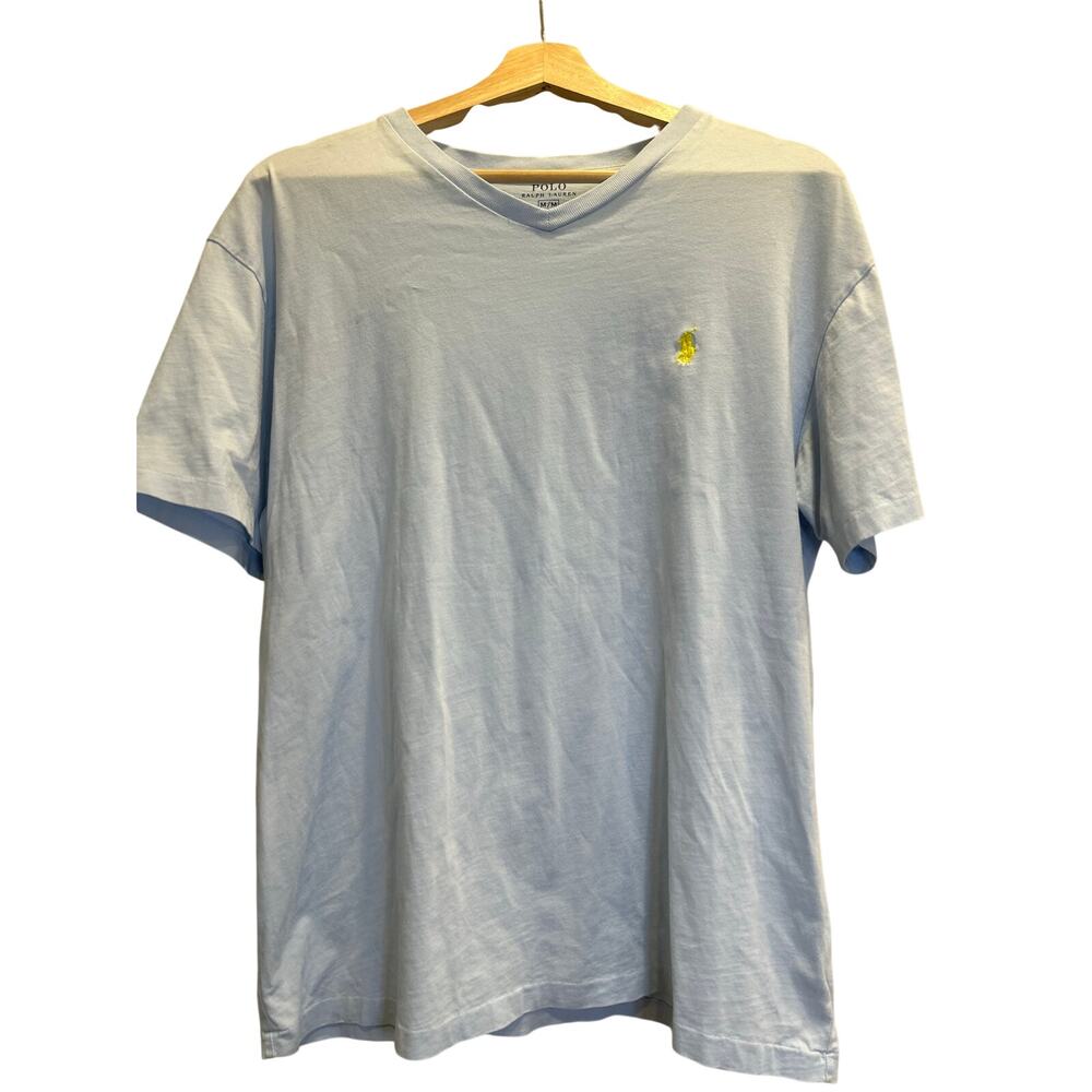 Polo Ralph Lauren Soft Blue V-Neck Tee Yellow Pony Logo Cotton Shirt M